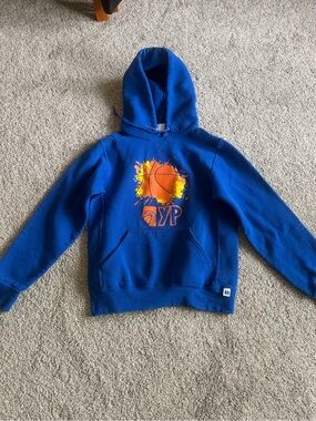 Russell Athletic Royal Blue Kids Hoodie with Orange Basketball Graphic